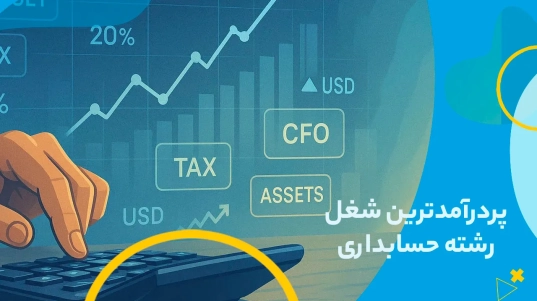 تصویر گرافیکی حرفهای از دست یک حسابدار که با ماشینحساب روی میز چوبی کار میکند، در پسزمینه نمودارهای مالی صعودی و باکسهای اطلاعاتی شامل اصطلاحاتی مثل BUDGET، TAX، USD، CFO و ASSETS به رنگهای آبی و زرد. این تصویر نماد موفقیت مالی و رشد درآمدی در پردرآمدترین شغل رشته حسابداری است و تمرکز بر تکنولوژی و تحلیل مالی را نشان میدهد.